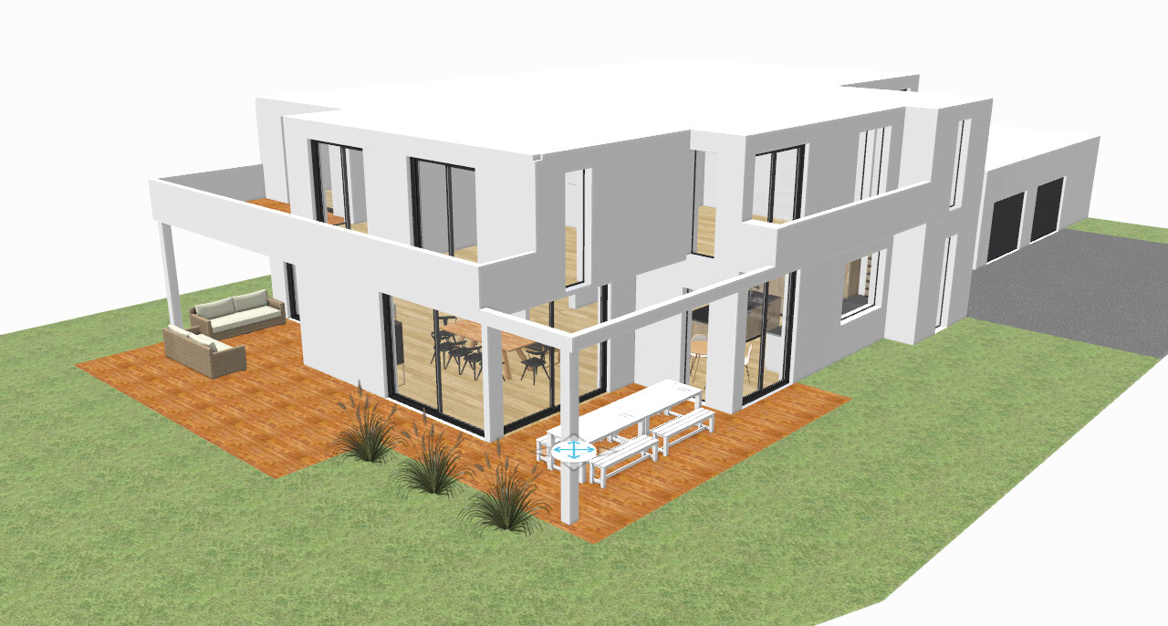 Moderne 3D-Hausansicht mit Terrasse, großen Glasfenstern und Gartenbereich.