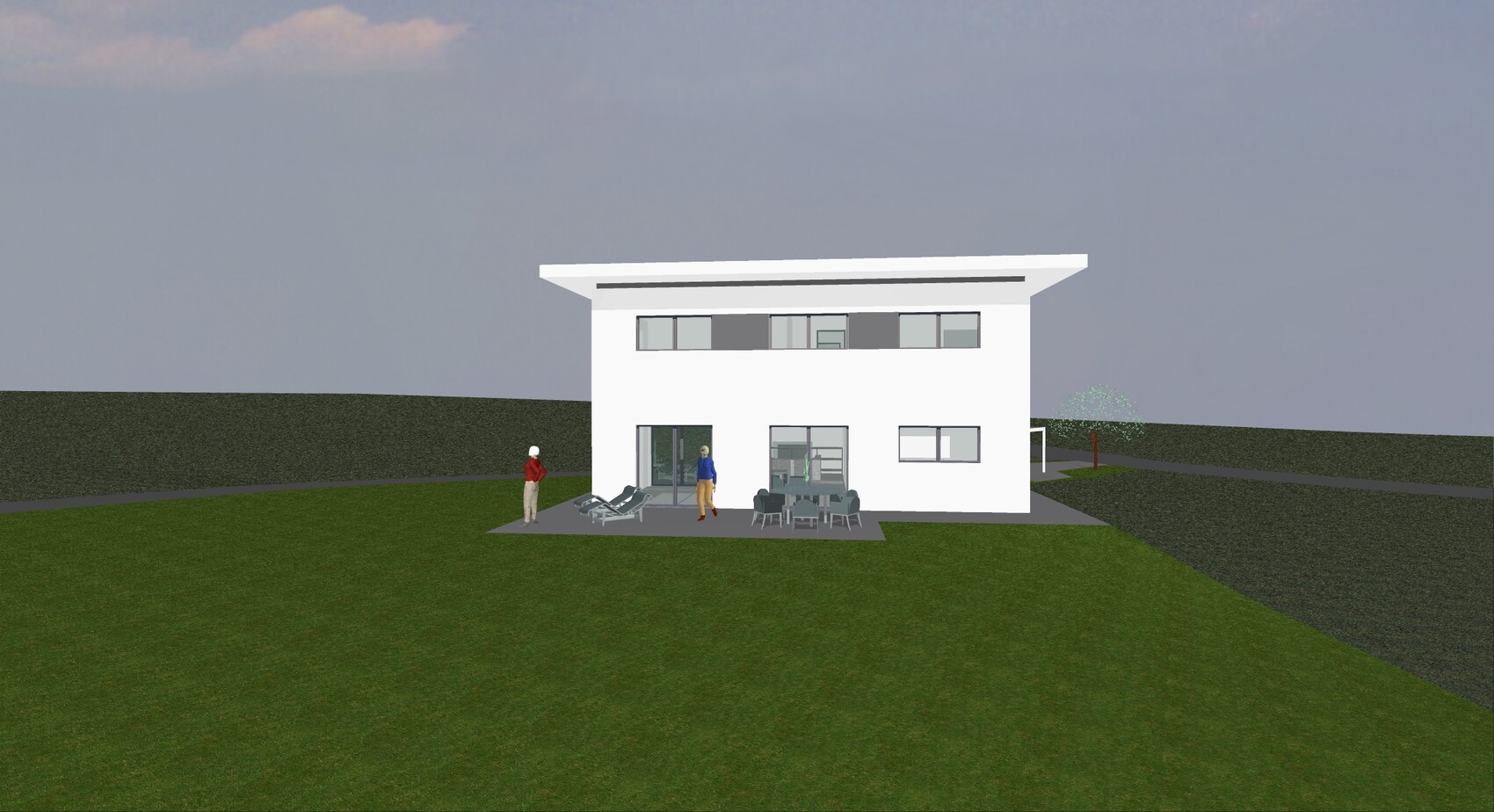 Moderne weiße zweigeschossige Villa mit Terrasse, Gartenmöbeln und zwei Personen davor.