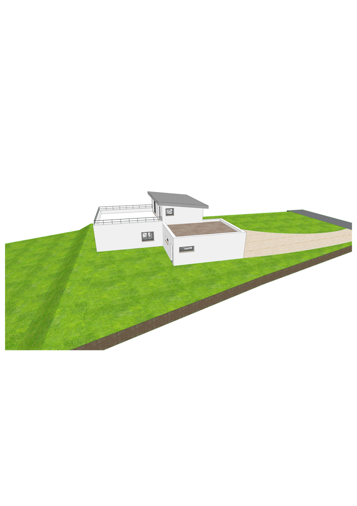 Moderne weiße 3D-Villa mit Flachdach, Terrasse und grünem Hanggrundstück.