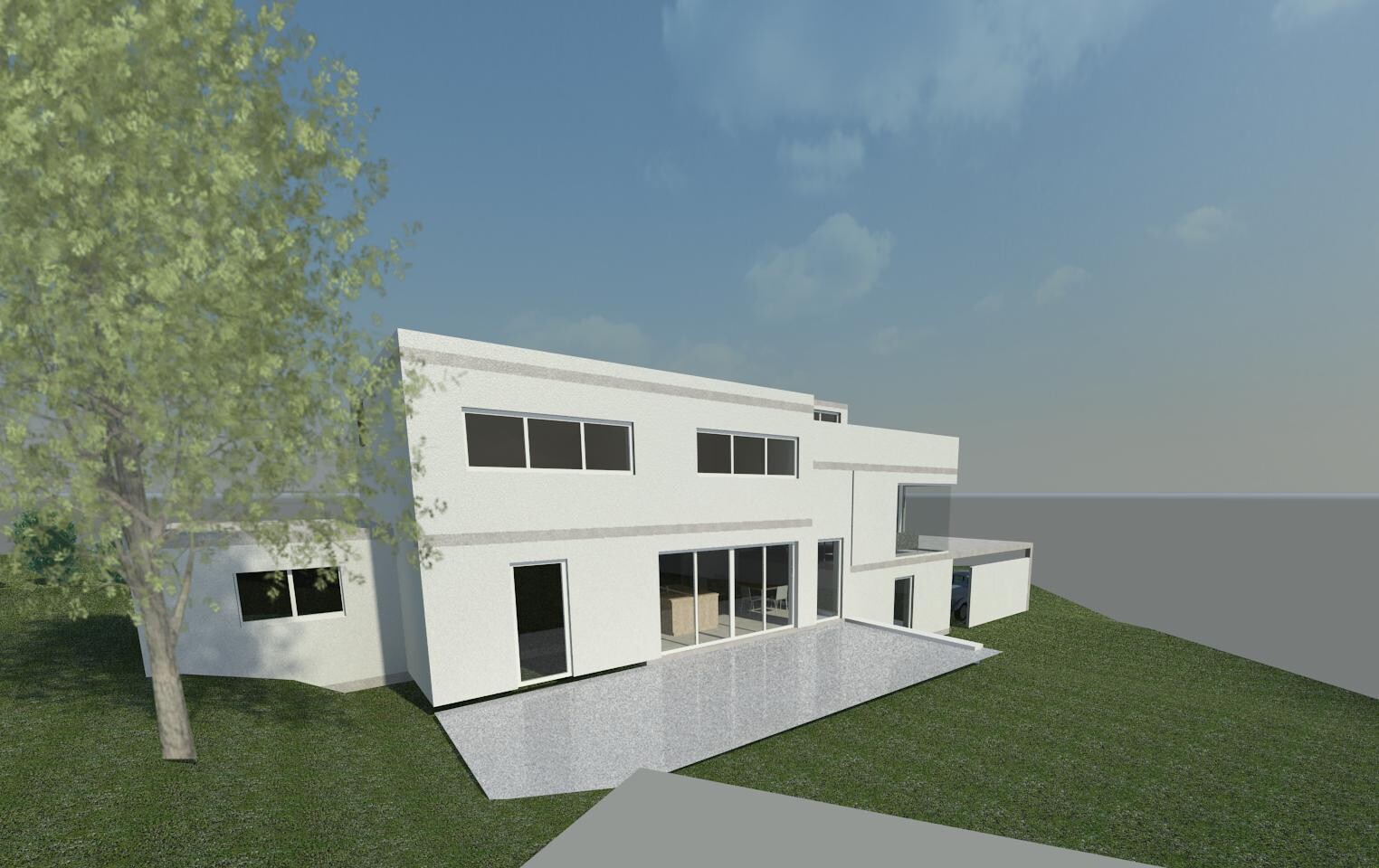 Moderne weiße Villa mit großen Fensterfronten, Garten und Baum links.