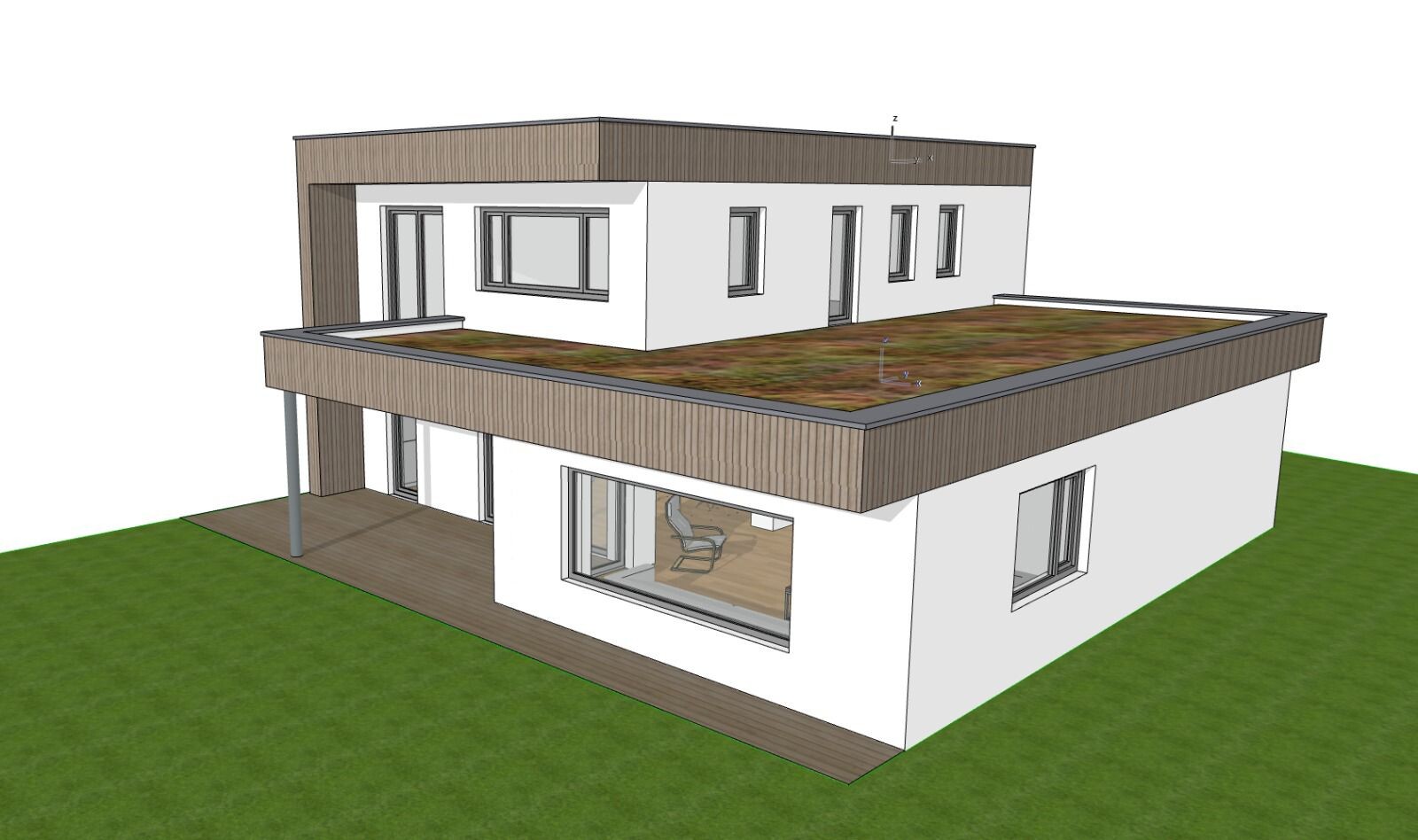 Moderne zweistöckige Villa mit Holzverkleidung, Flachdachbegrünung und Terrasse