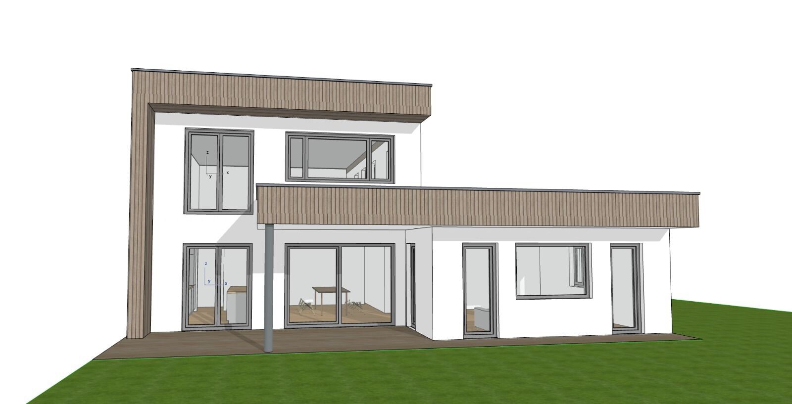 Moderne zweistöckige Villa mit Holzverkleidung, großen Glasfronten und Terrasse.