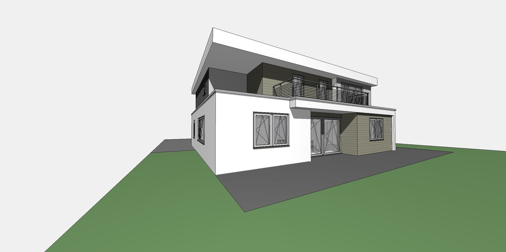 Modernes zweistöckiges Wohnhaus mit Balkon, großen Fenstern und Einfahrt