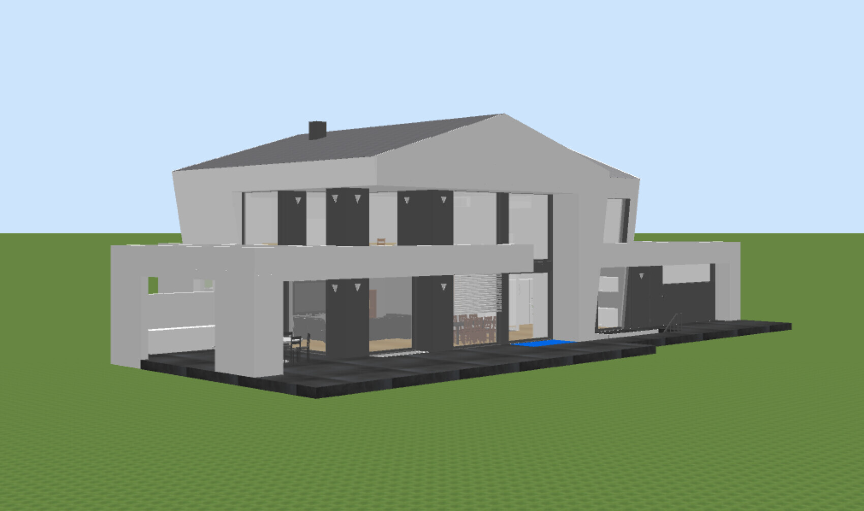 Moderne zweigeschossige Hausarchitektur mit Terrasse und großen Fenstern.