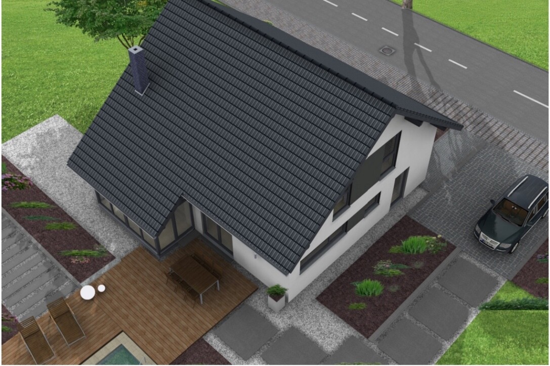 Von oben sichtbares modernes Einfamilienhaus mit dunklem Ziegeldach, Holzterrasse und Auto.