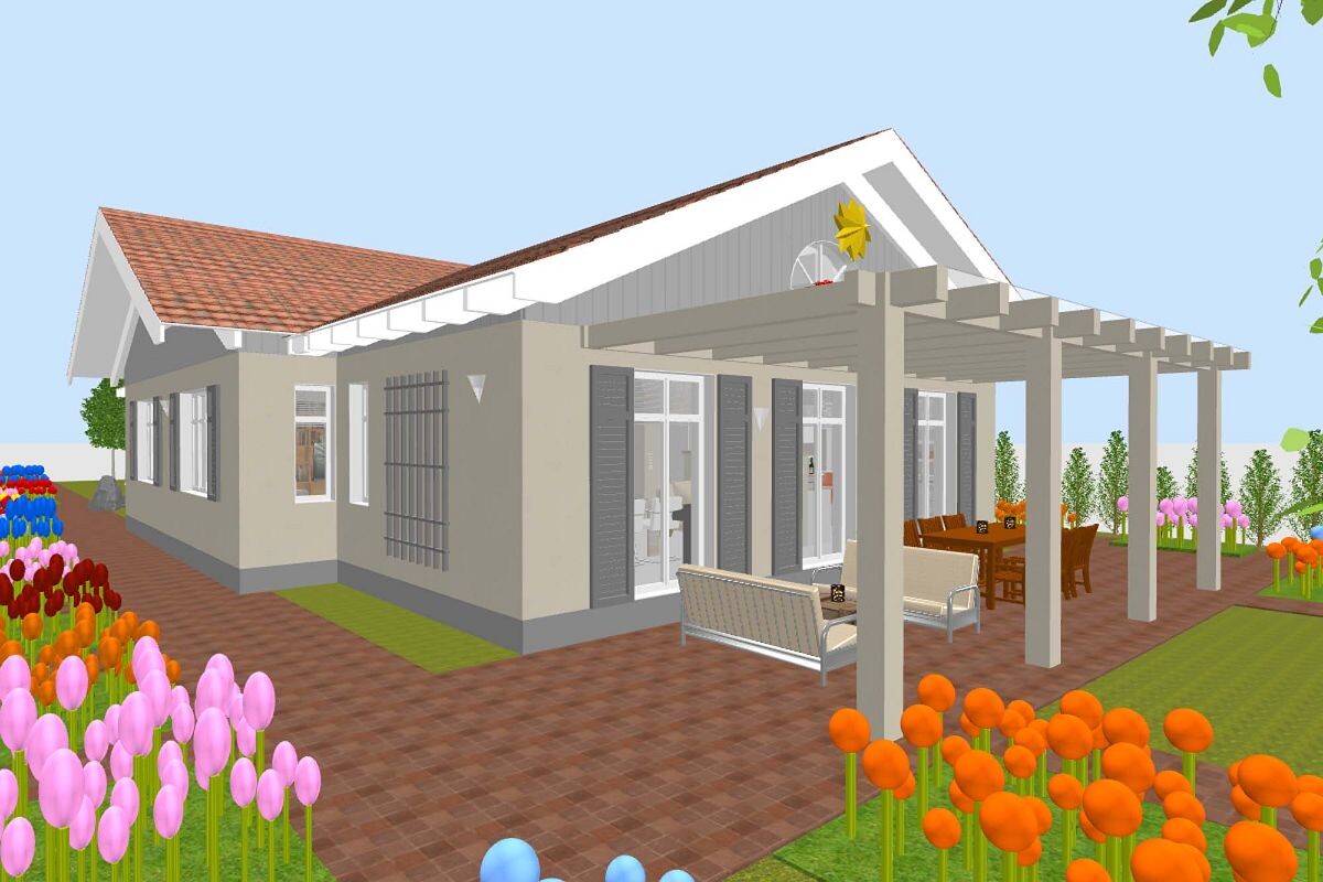 Modernes Einfamilienhaus mit Pergola-Terrasse, Gartenbank, Esstisch und bunten Tulpen.