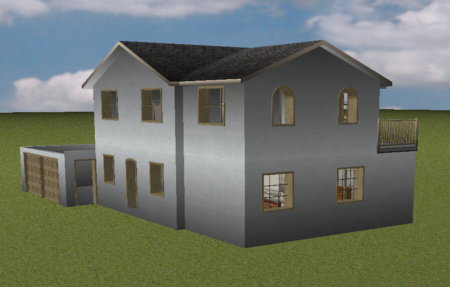 Zweistöckiges Haus mit Garage, graue Fassade, Balkon und mehreren Fenstern auf grünem Grundstück