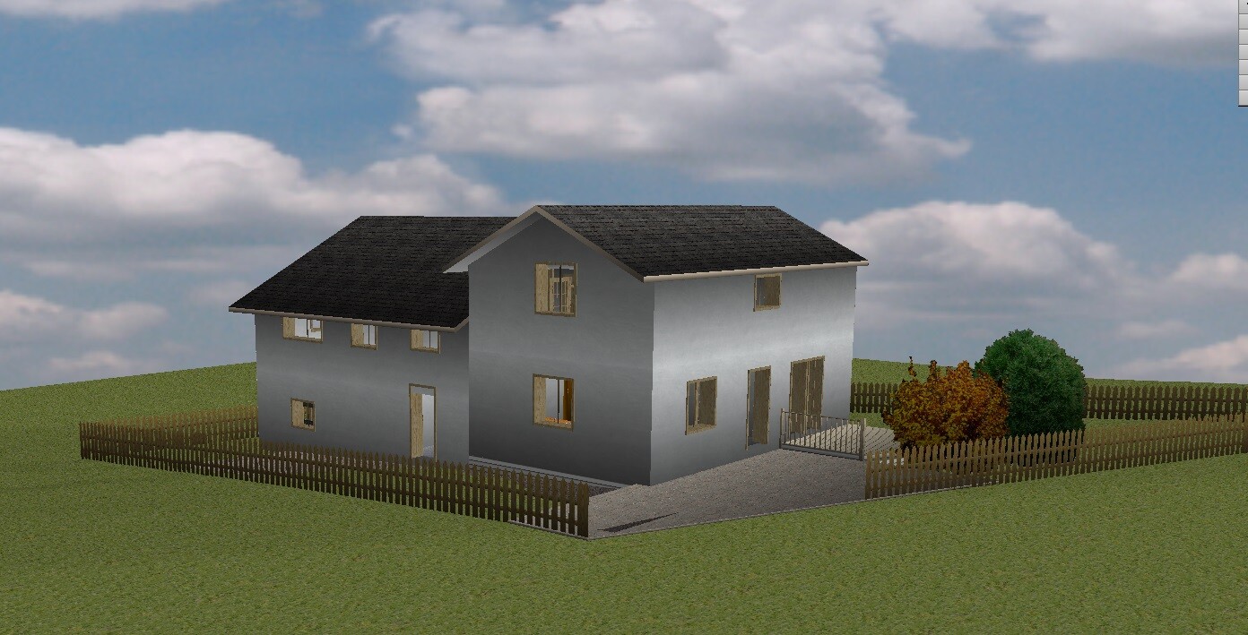 Zweistöckiges, graues Haus mit schwarzem Dach, umzäuntem Garten und Zufahrt.