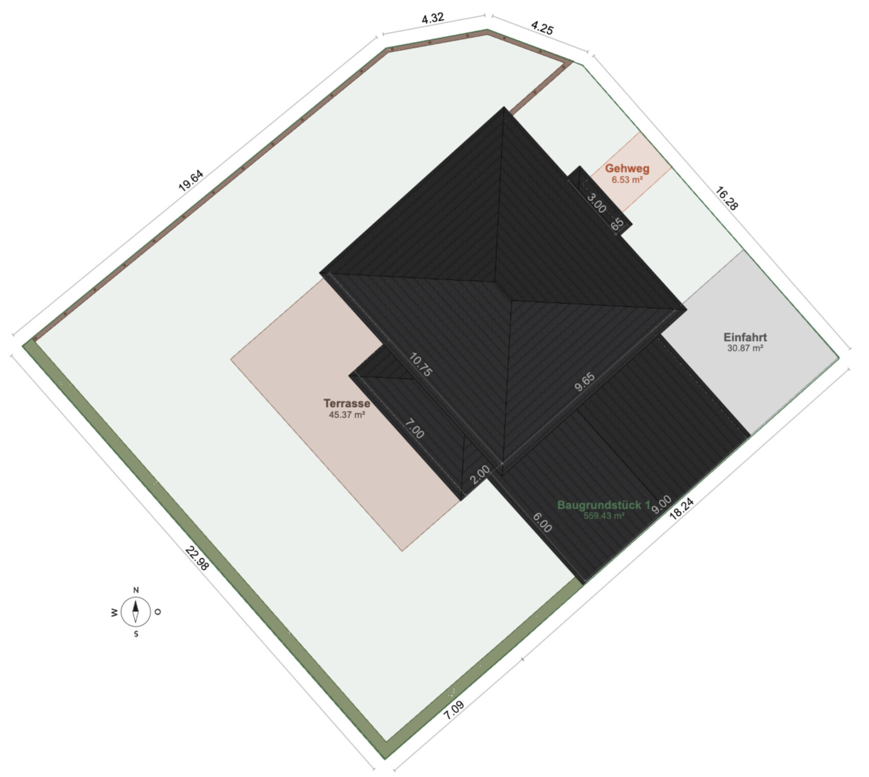 Lageplan eines Grundstücks mit dunklem Dachhaus, Terrasse, Gehweg und Einfahrt.