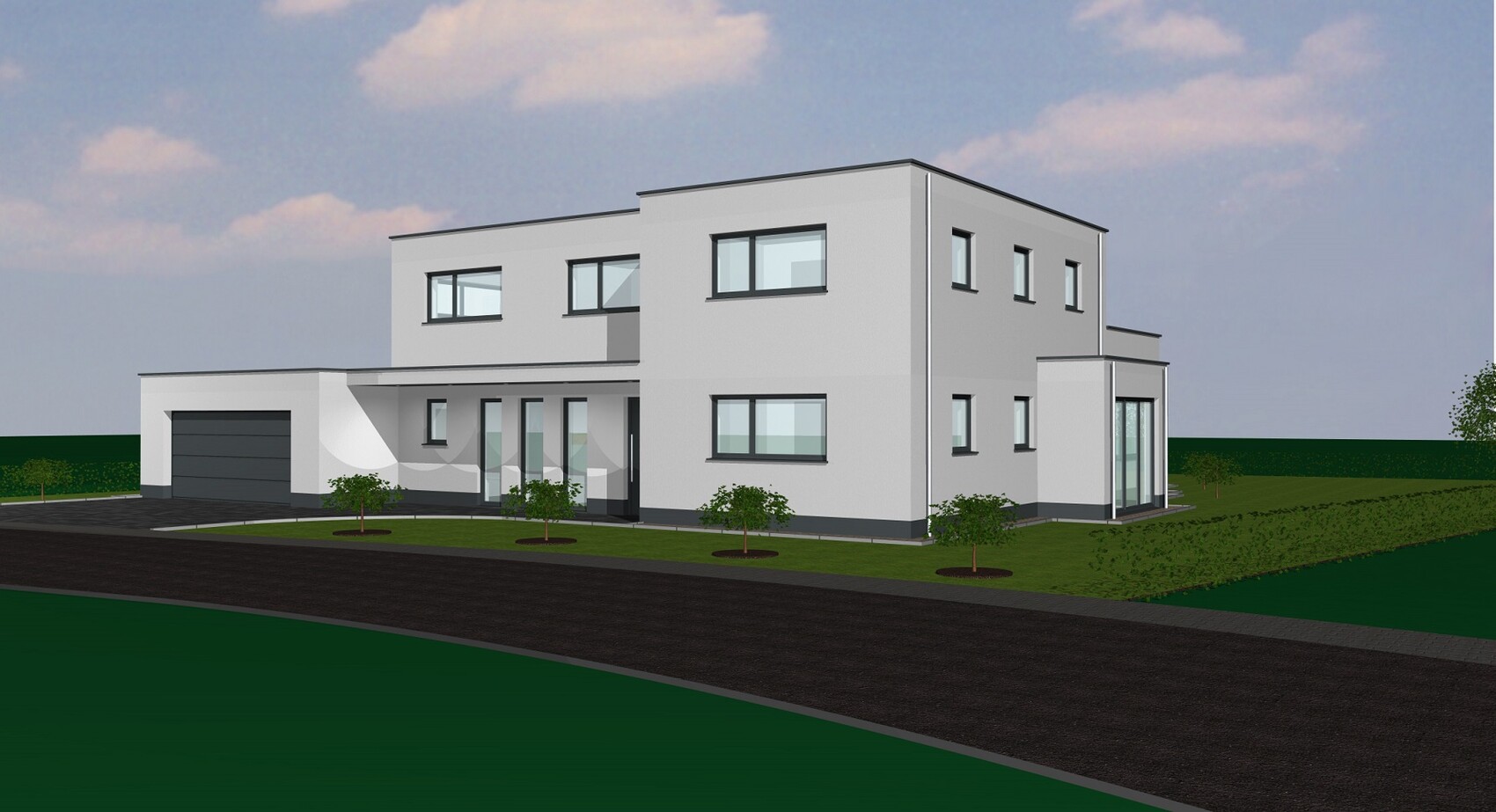 Modernes zweistöckiges weißes Haus mit Garage, großen Fenstern, Hof und Zufahrt