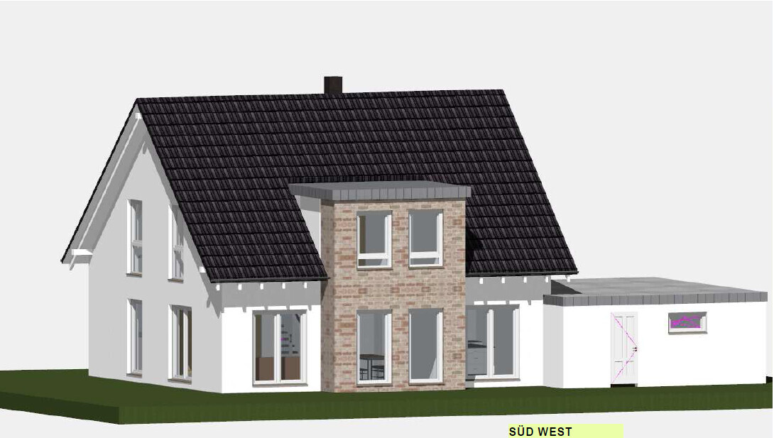 3D-Ansicht eines modernen Einfamilienhauses mit Backsteinmittelteil und dunklem Dach