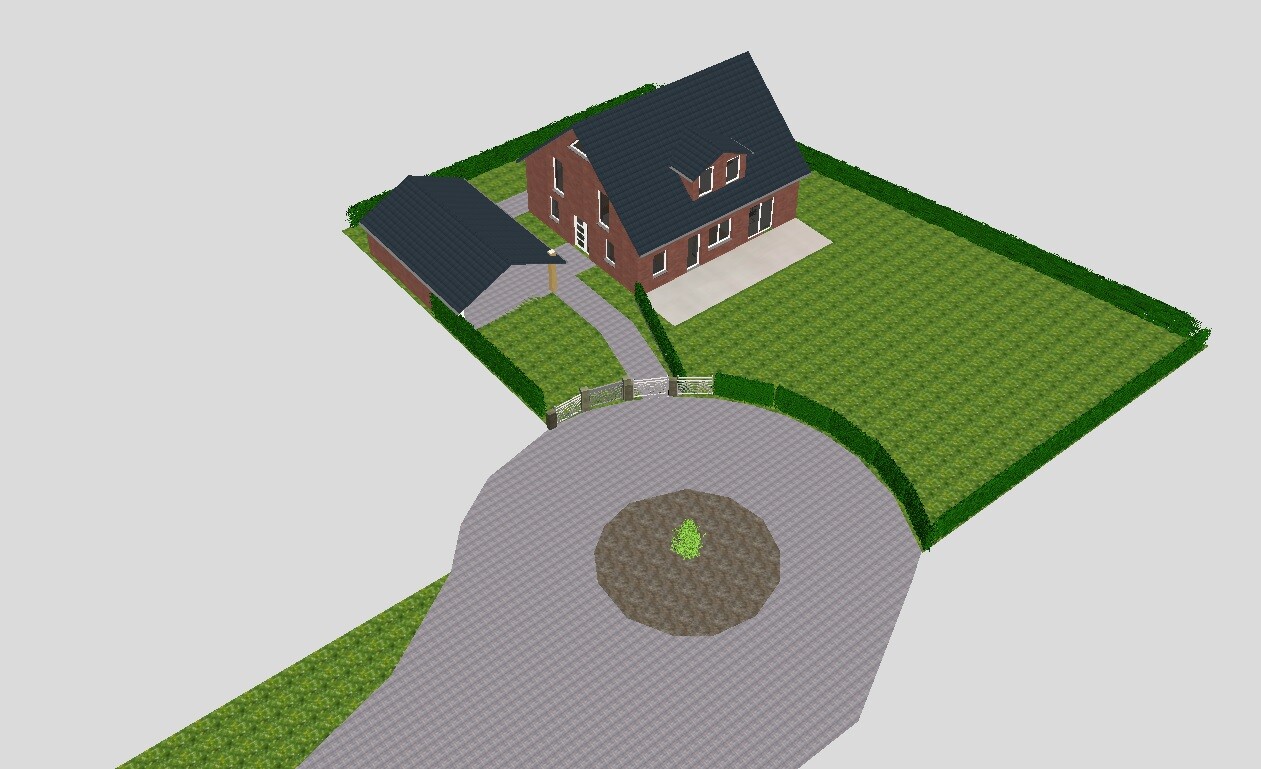 Isometrische Darstellung eines Wohnhauses mit Garage, grünem Garten und Rundauffahrt mit Mittelinsel.