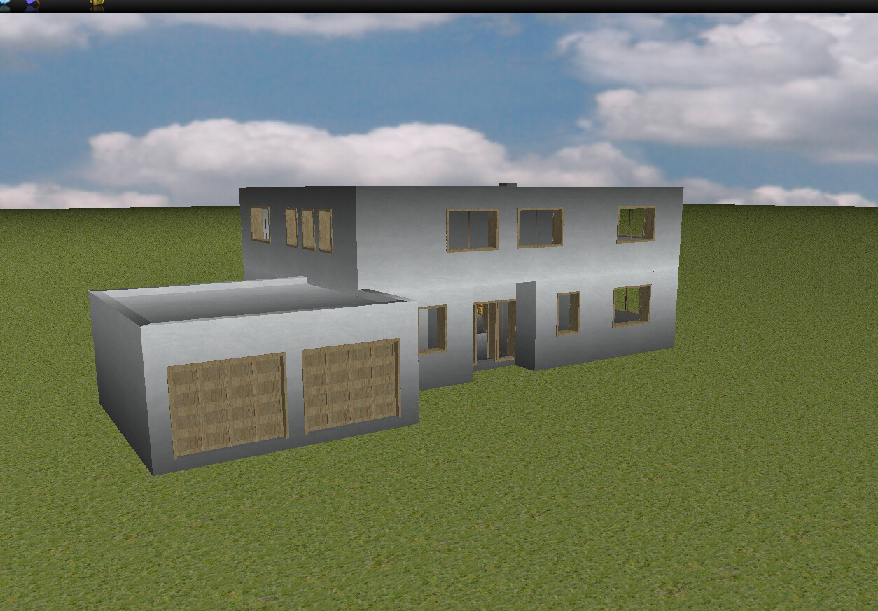 Modernes, zweistöckiges Haus mit separater Doppelgarage auf grünem Gelände vor blauem Himmel.