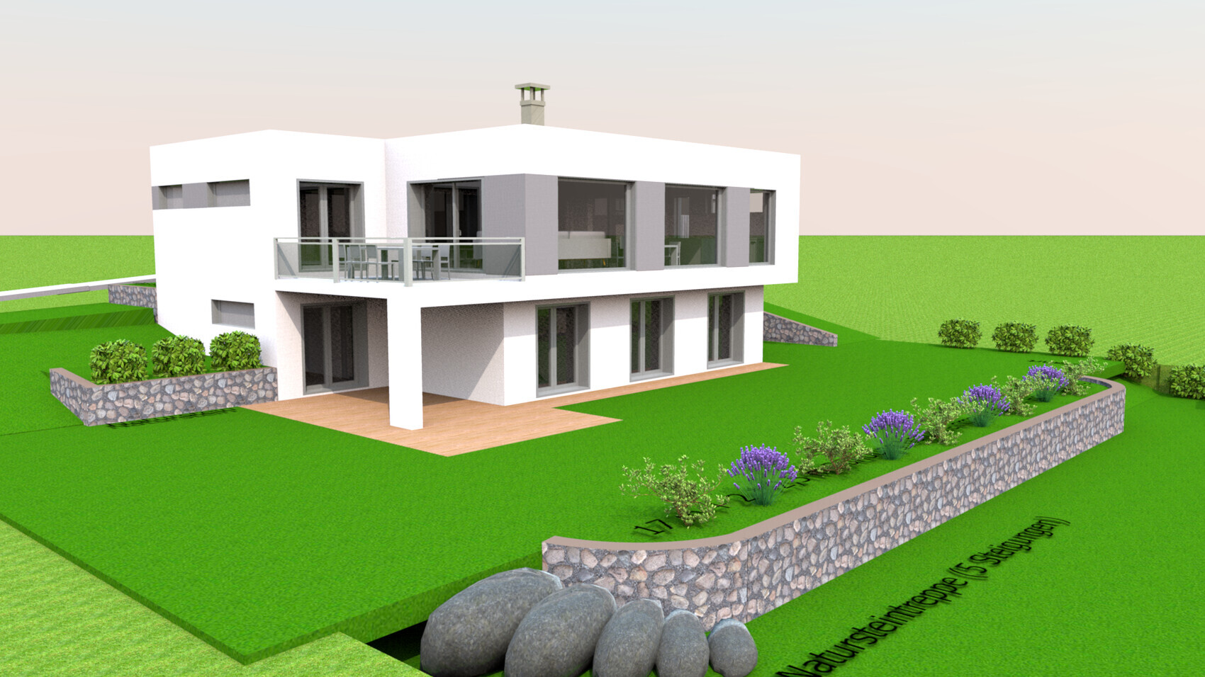 3D-Render einer modernen weißen Villa mit Terrasse, Balkon und Lavendelbeeten.