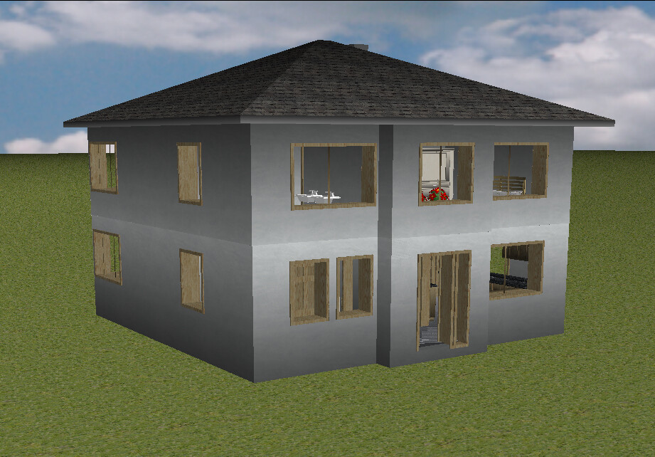 Zweistöckiges graues Haus mit offenen Fenster- und Türrahmen auf grünem Feld.