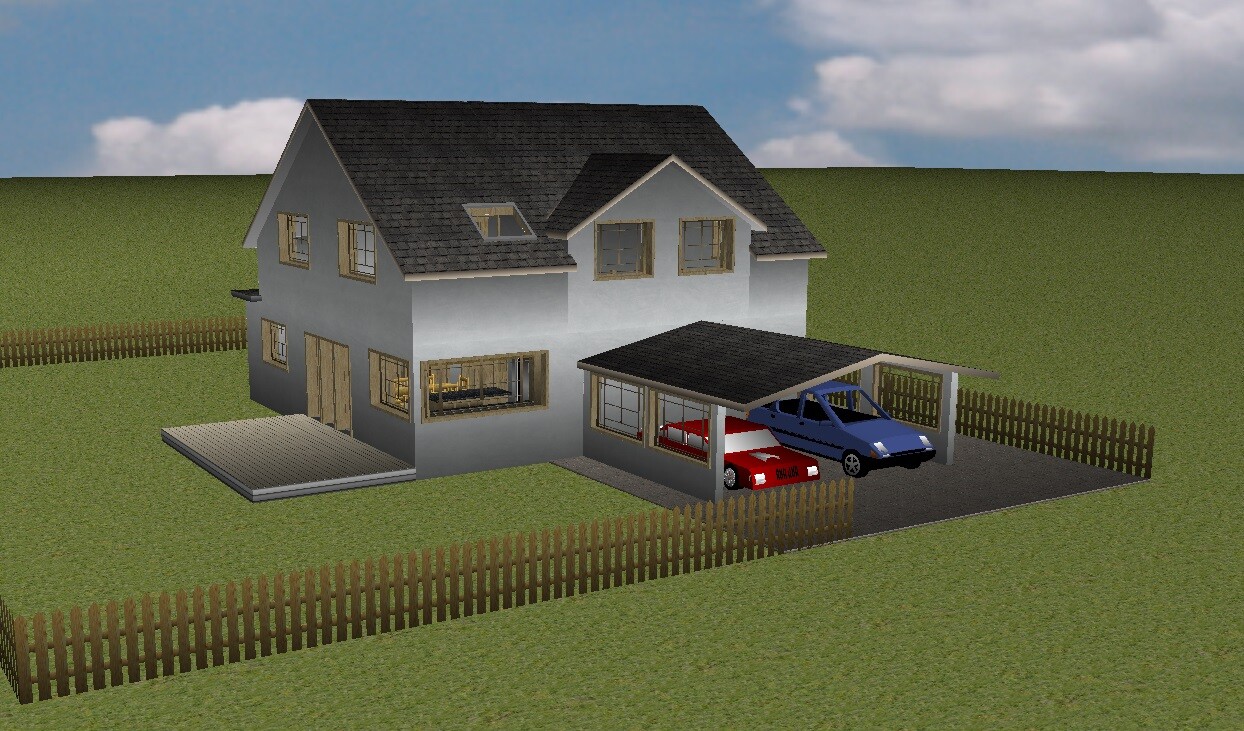 Zweistöckiges graues Haus mit Carport, rot und blau geparkten Autos, Gartenzaun.[/ALT