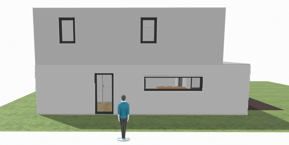 Moderne zweigeschossige graue Fassade mit Tür und langem Fenster; Person davor im Garten.