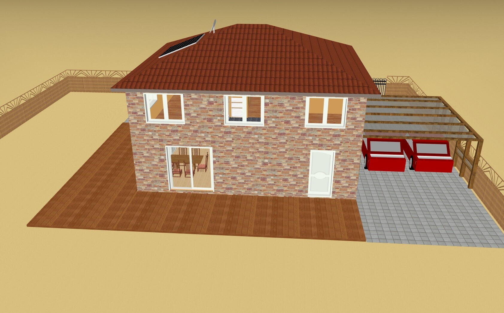 Zweistöckiges Backsteinhaus mit rotem Ziegeldach, Holzterrasse und Carport mit zwei roten Autos.