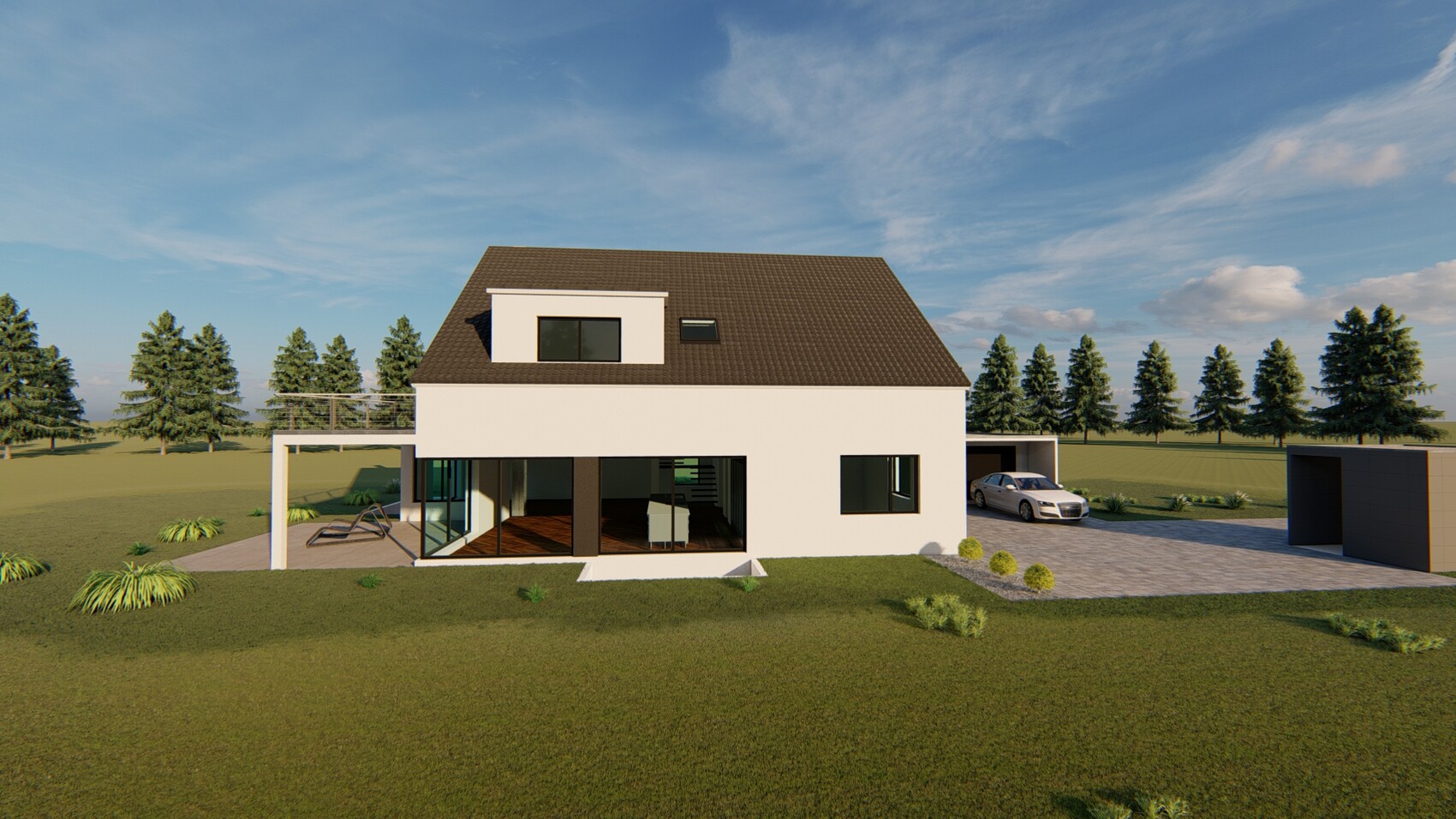 Modernes weißes Einfamilienhaus mit braunem Satteldach, Glasfront, Terrasse und Auto im Hof.