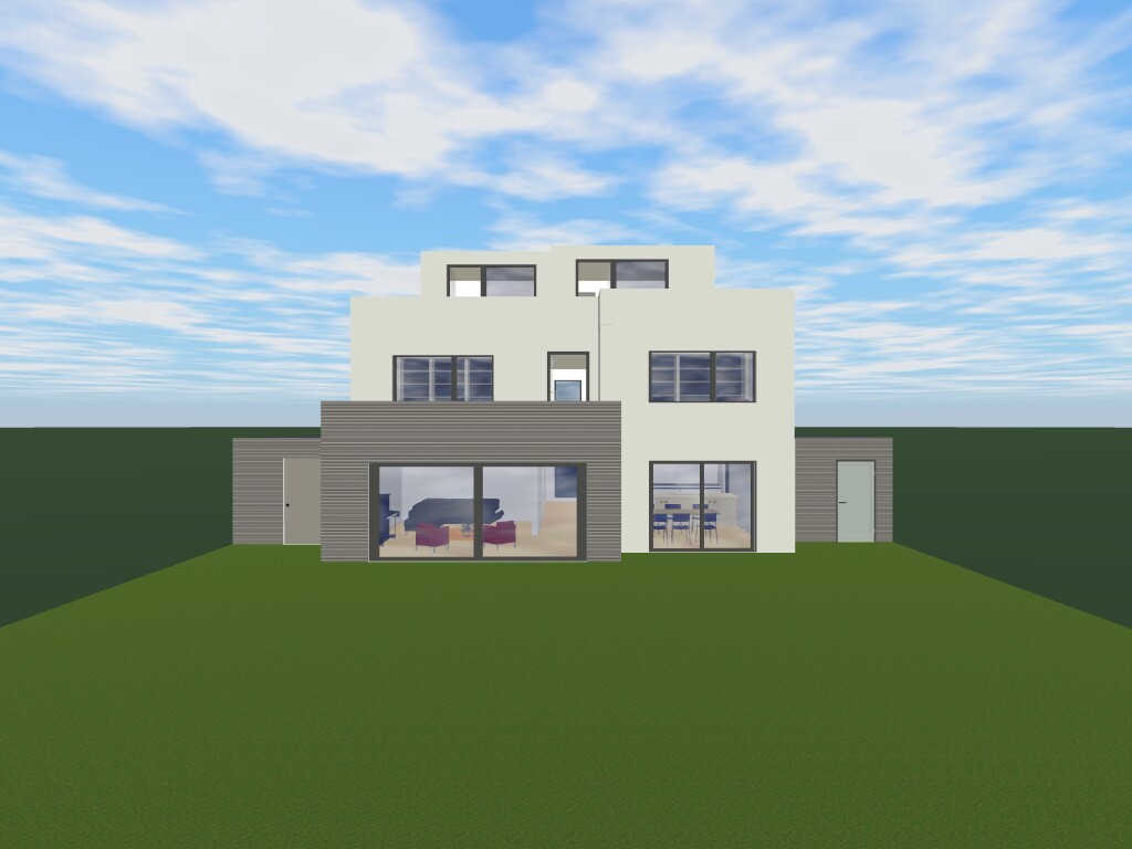 Modernes mehrstöckiges Haus mit großen Glasfenstern, grauer Verkleidung und Garten.