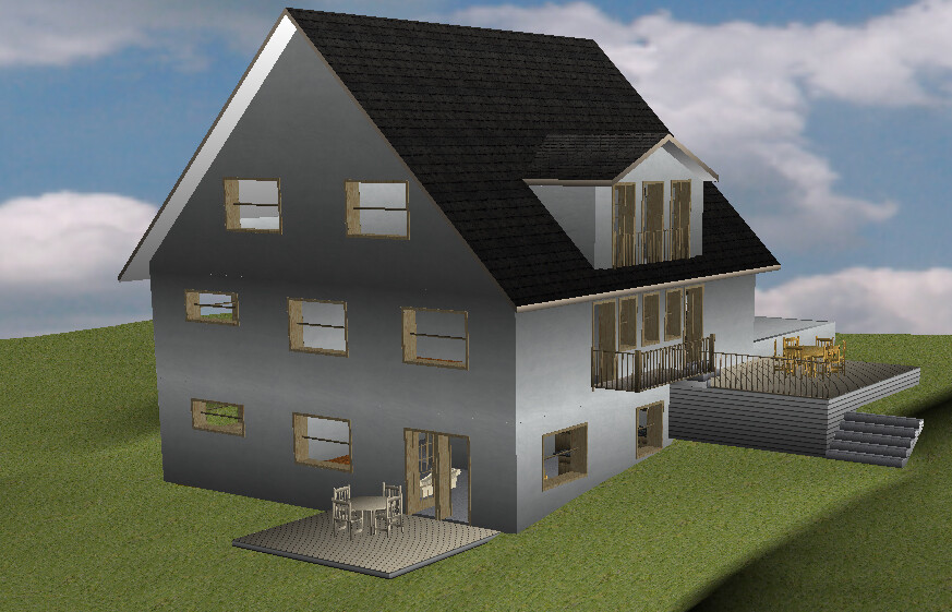 3D-Render eines zweistöckigen Hauses mit Satteldach, Terrasse, Garten und Sitzbereich.