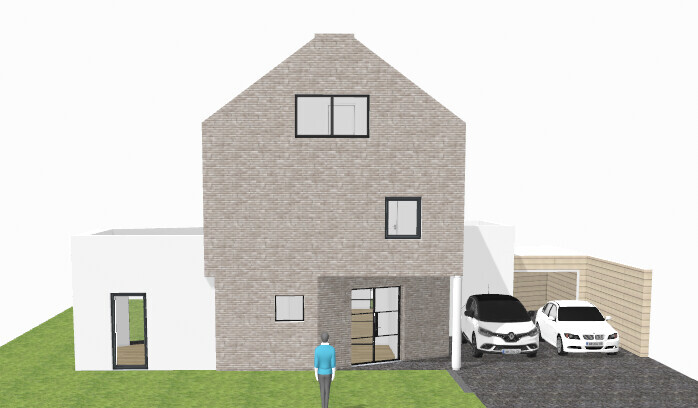 Zweistöckiges Haus mit Ziegel-Fassade, Anbau, Carport mit zwei Autos und Person davor.