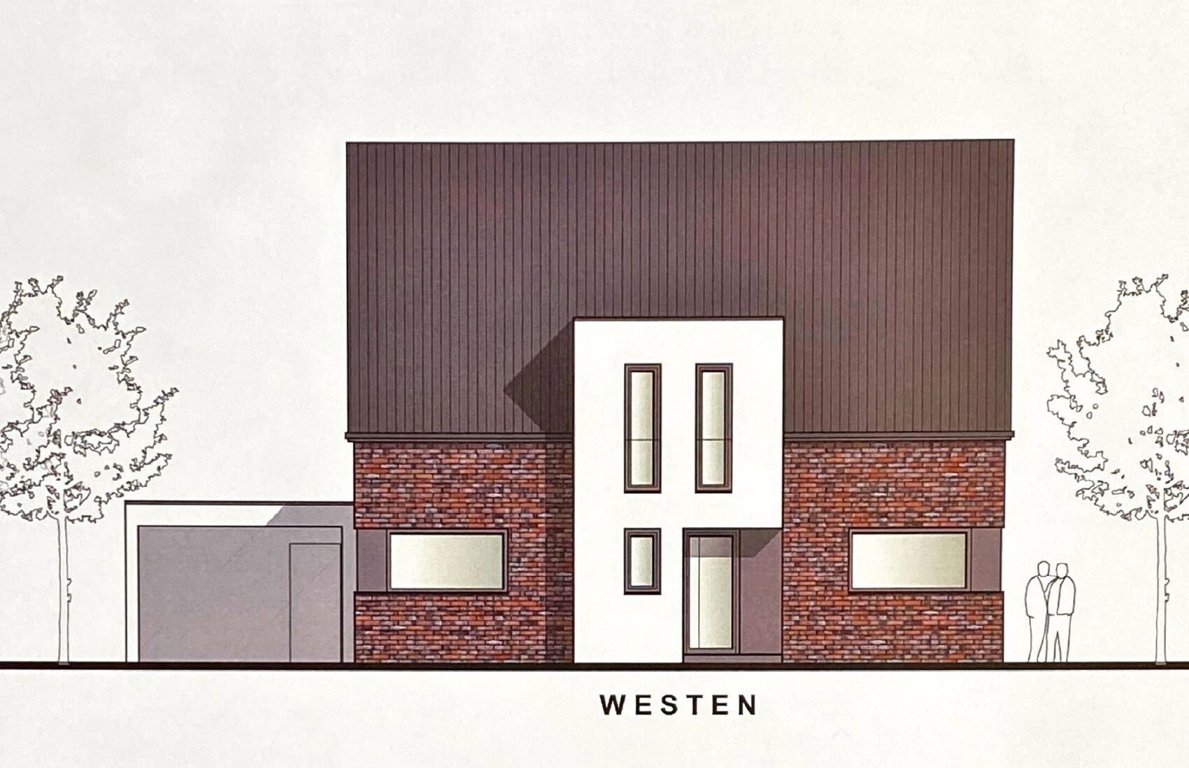 Moderne Backsteinfassade mit braunem Dach, weißer Mittelwand, Garage und zwei Personen rechts