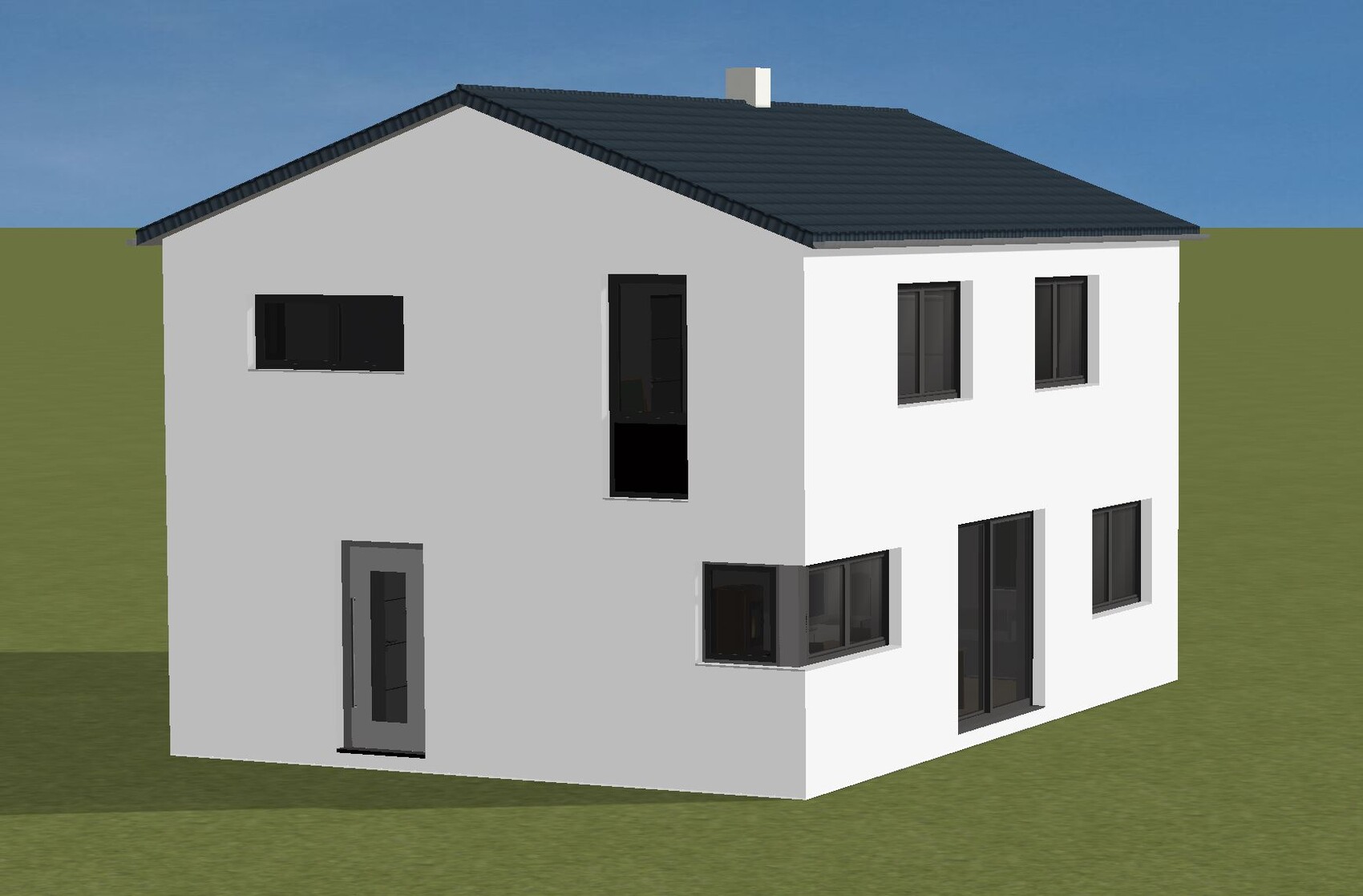 Modernes zweistöckiges Haus: graue linke Fassade, weiße rechte Fassade, dunkles Dach, mehrere Fenster
