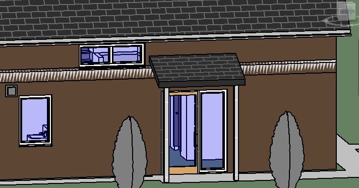 Vorderansicht eines braunen Hauses mit Glas-Doppeltür, kleinem Vordach und zwei Sträuchern.