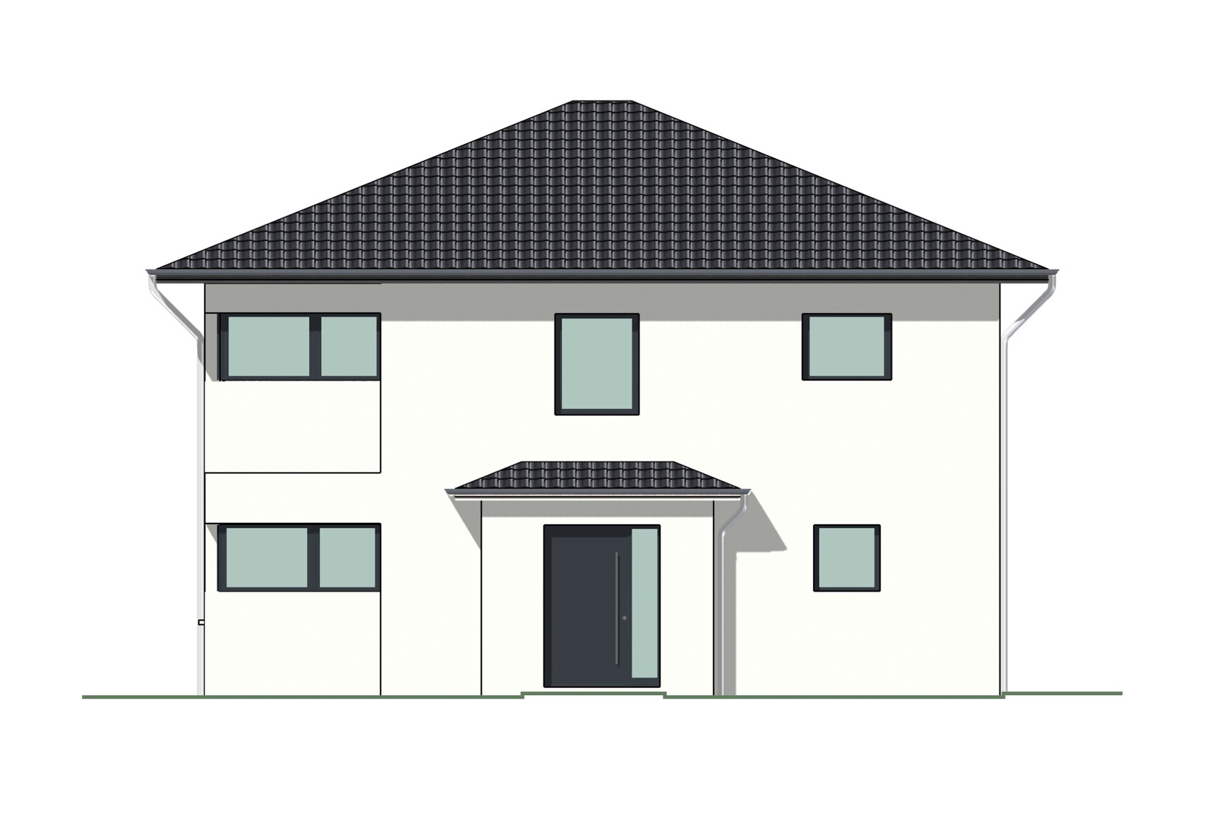 Modernes zweigeschossiges Einfamilienhaus mit dunklem Dach, hellen Wänden und zentralem Eingang.