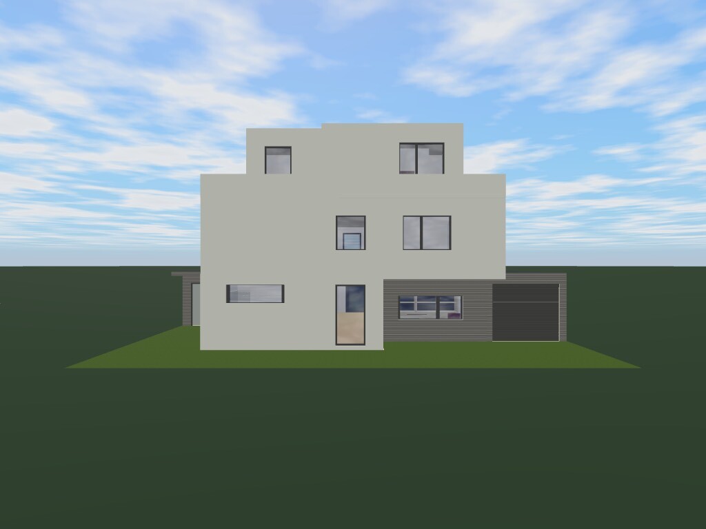 Modernes, mehrstöckiges Haus mit weißer Fassade, grauer Holzverkleidung und Garage.