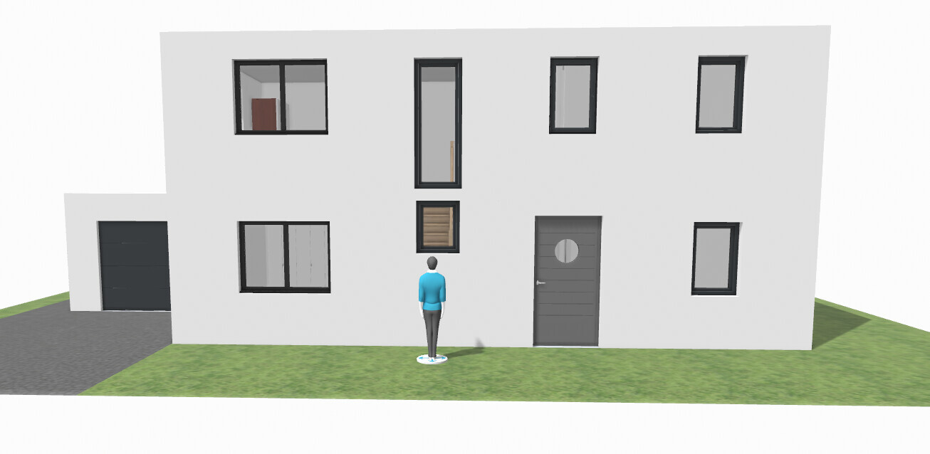 Moderne weiße Hausfront mit grauer Tür, vielen Fenstern und Garage; eine Person davor