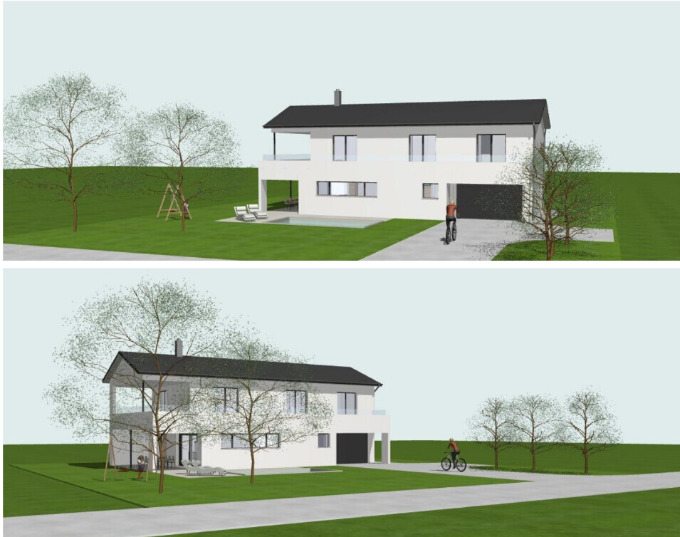 Zwei 3D-Ansichten eines modernen Einfamilienhauses mit Garten, Bäumen, Person und Fahrrad.