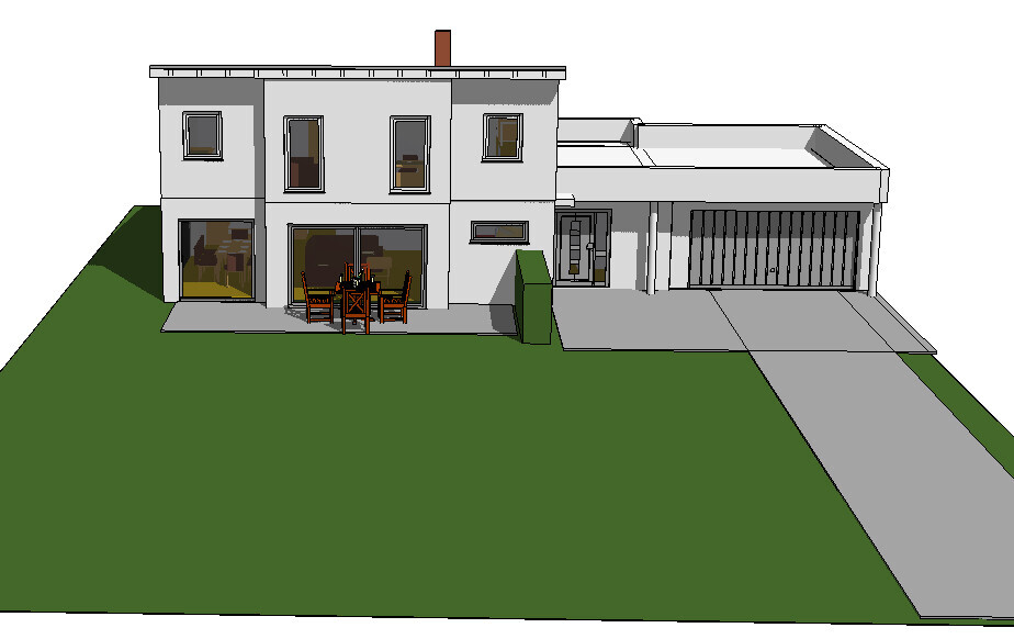 Modernes, zweistöckiges Haus mit Terrasse und Garten; rechte Garage mit Zufahrt.