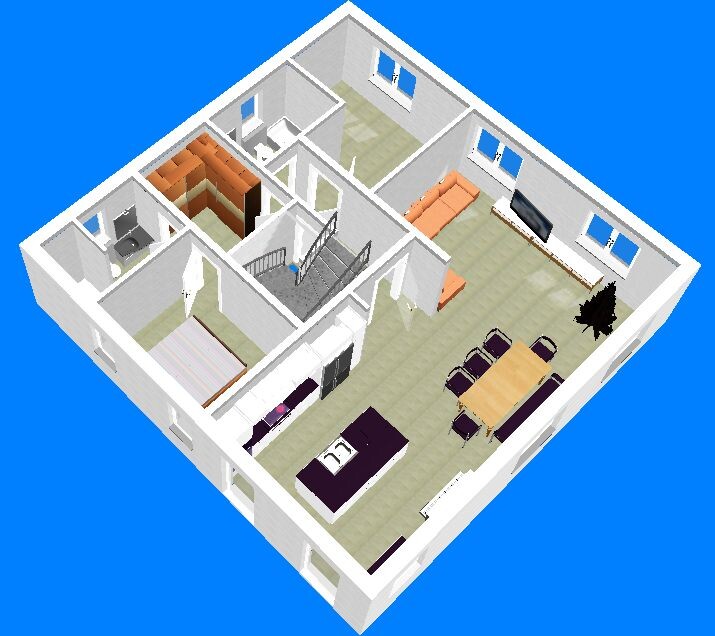 Isometrische Wohnungsansicht: Küche mit Insel, Essbereich, Wohnzimmer, Schlafzimmer, Bad.