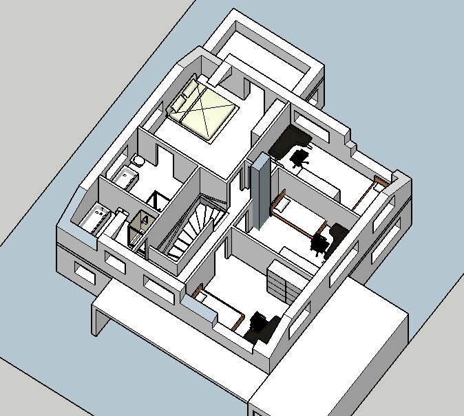 Isometrischer Grundriss eines Hauses mit Schlafzimmern, Schreibtischen und Treppe.