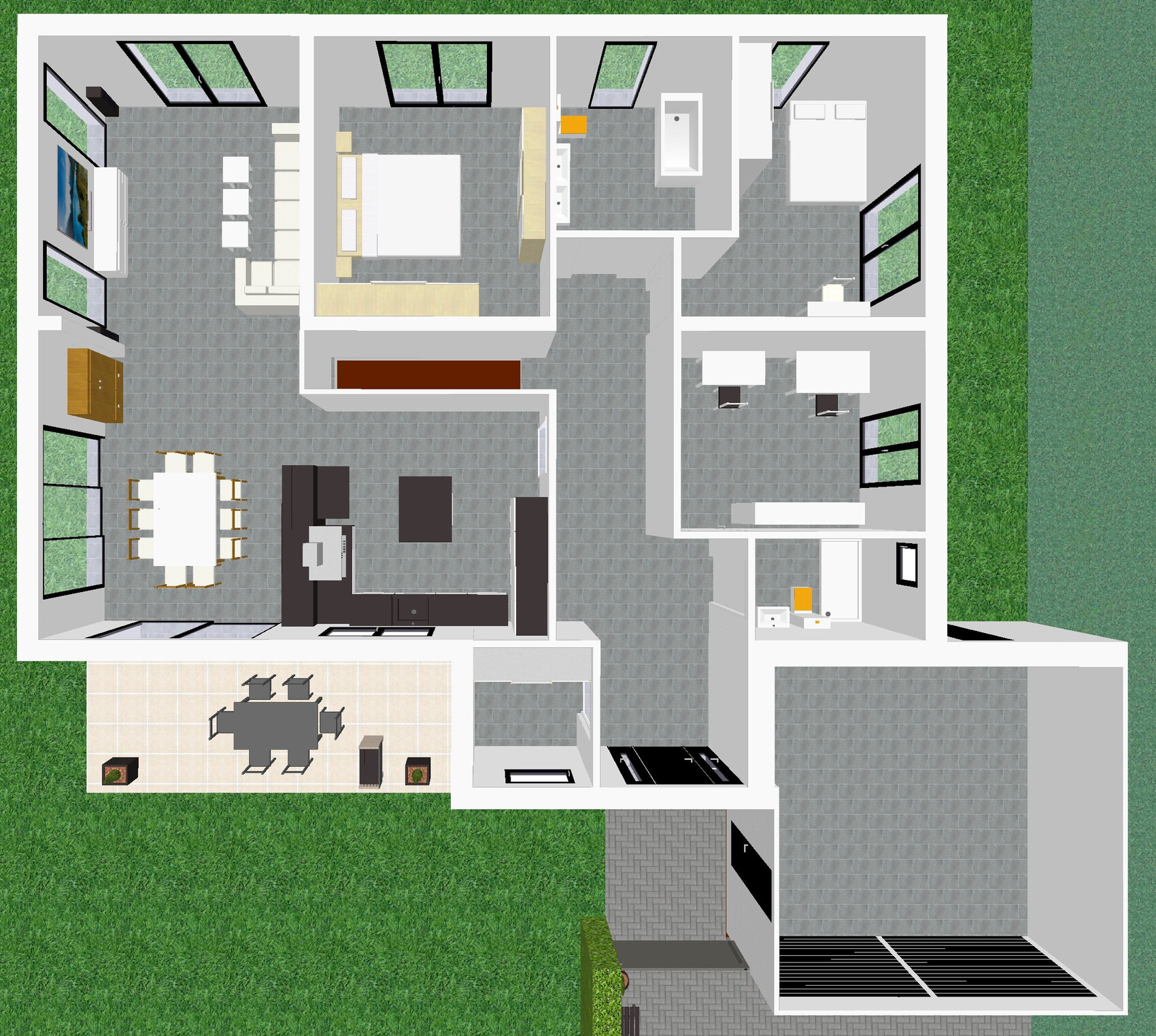 Grundriss-Draufsicht eines Hauses mit Wohnzimmer, Schlafzimmer, Bad, Küche, Essbereich und Garten.