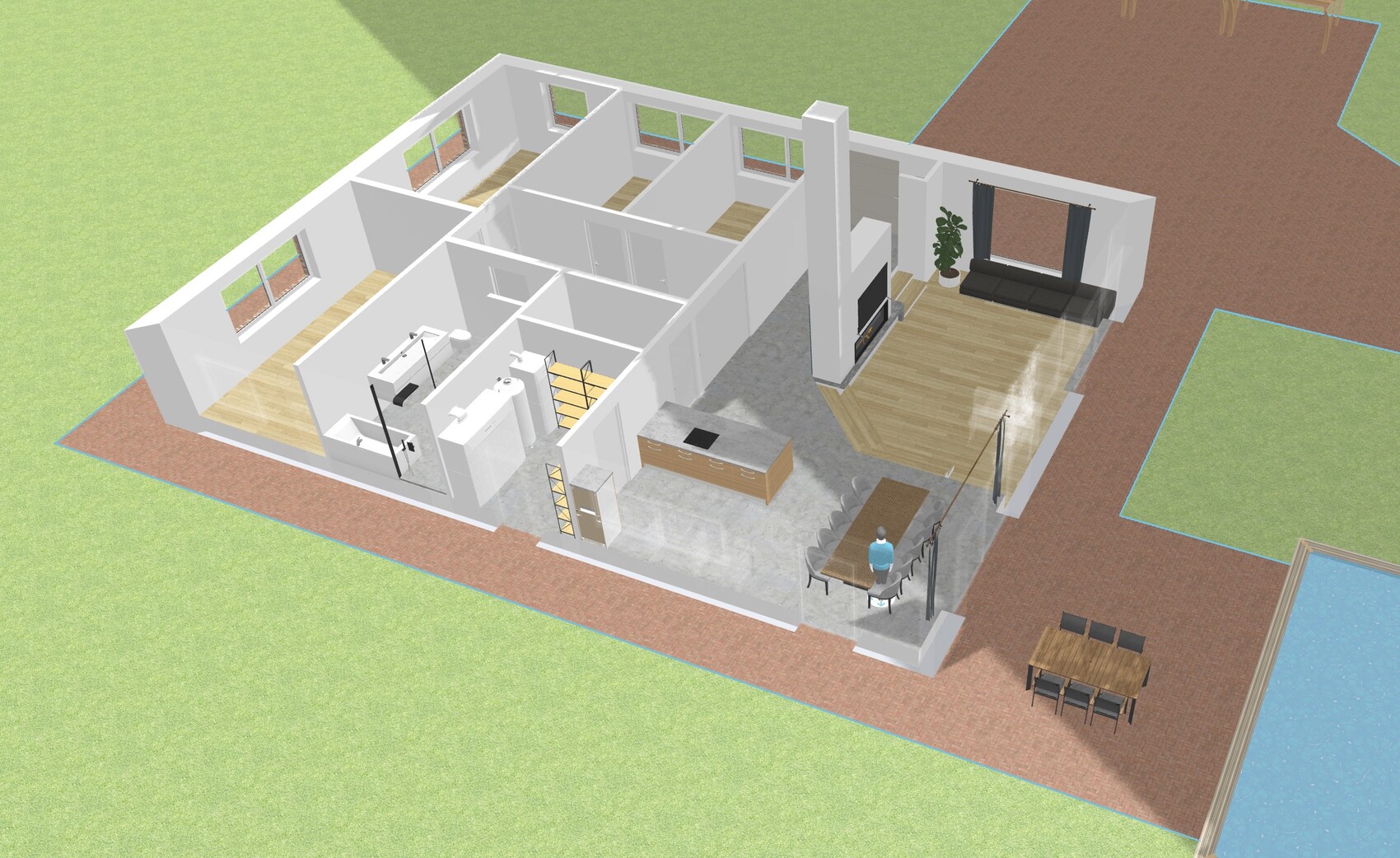 3D-Hausgrundriss eines Hauses: Küche mit Insel, Essbereich, Wohnzimmer mit Sofa, Kamin, Garten.