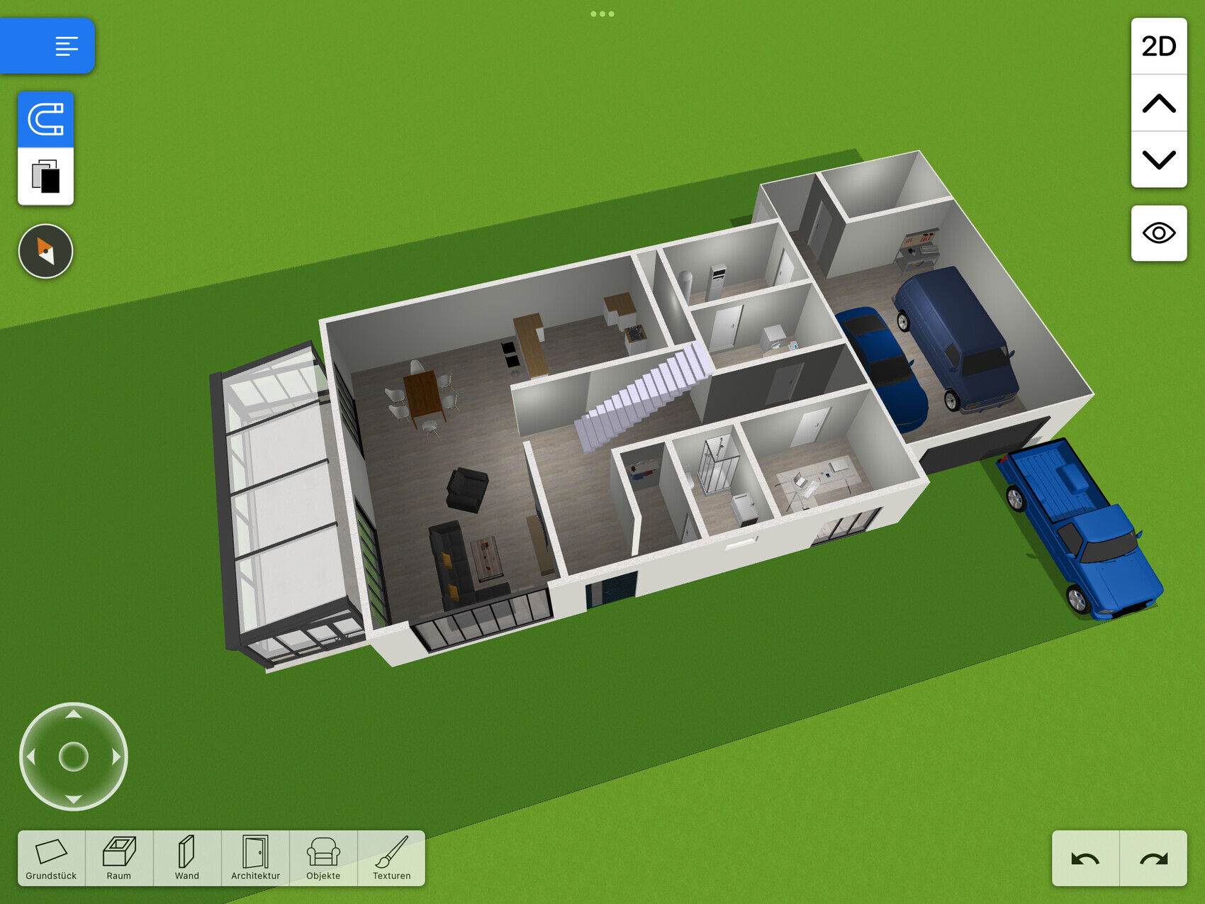 3D-Grundriss eines Hauses: Wohnzimmer, Küche, Essen, Treppe, Schlafzimmer, Bad, Garage mit Autos.