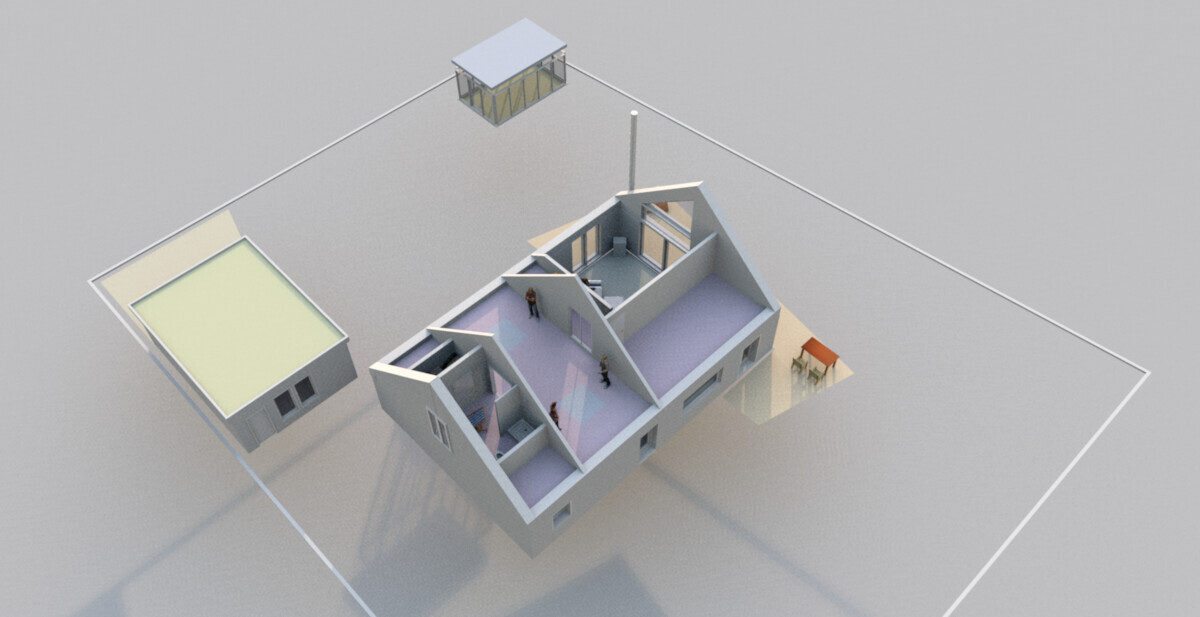 Isometrische 3D-Darstellung eines Hauses mit Innenräumen, Nebengebäuden und Terrasse mit Sonnenschirm.