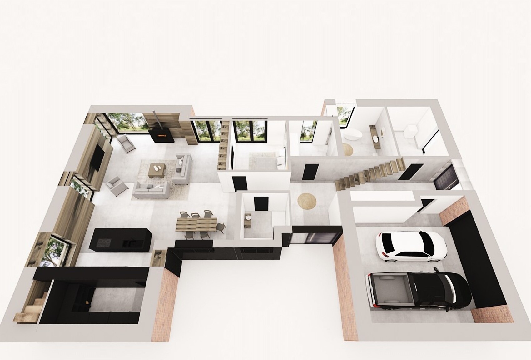 3D-Hausgrundriss mit offener kuche, wohnbereich und garage