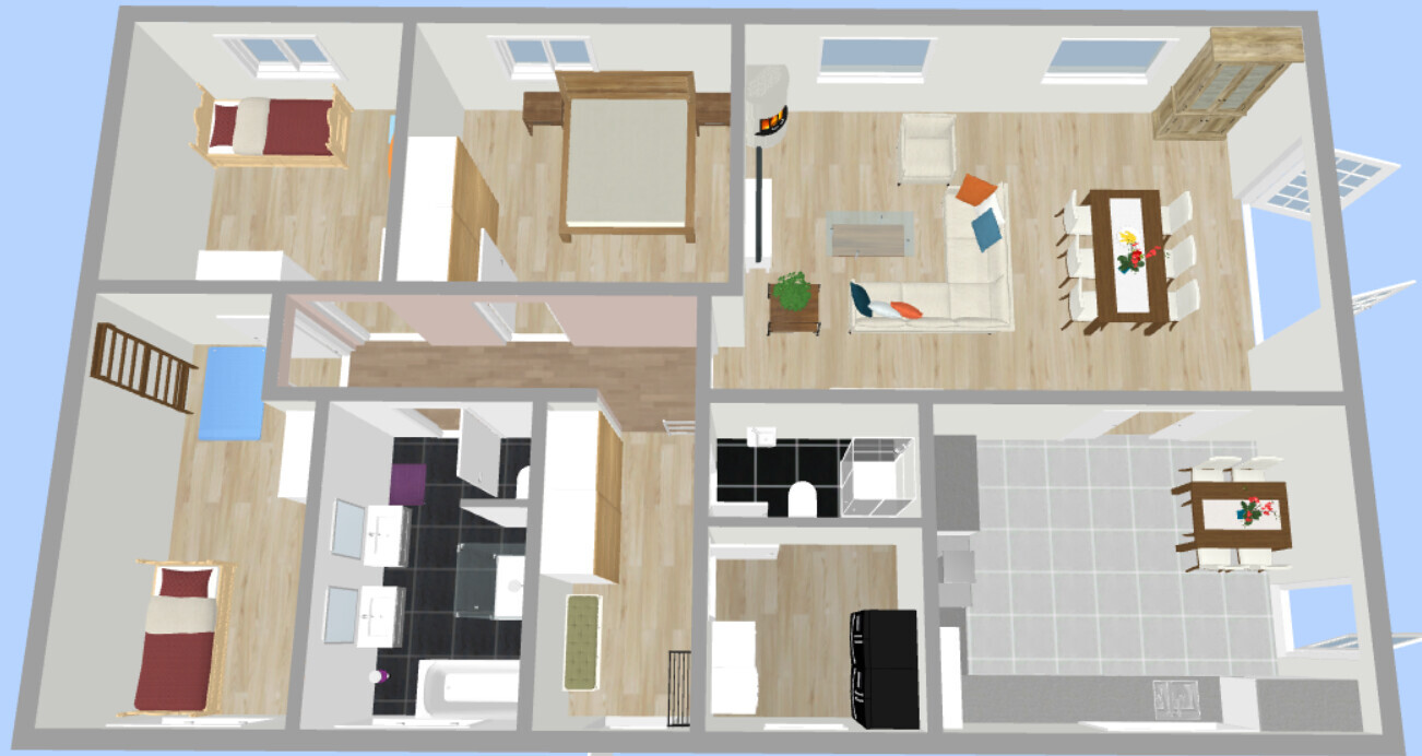 3D-Grundriss einer Wohnung: Wohnzimmer mit Sofa, Essbereich, Küche, Bad, Schlafzimmer, Flur.