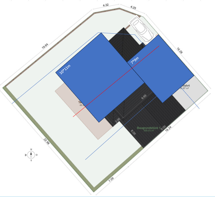 Lageplan eines Grundstücks mit zwei blauen Dachflächen, Carport und Maßlinien