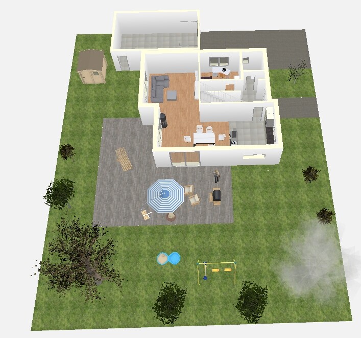 Isometrischer Grundriss eines Hauses mit Garten, Terrasse, Outdoor-Möbeln und Spielbereich.