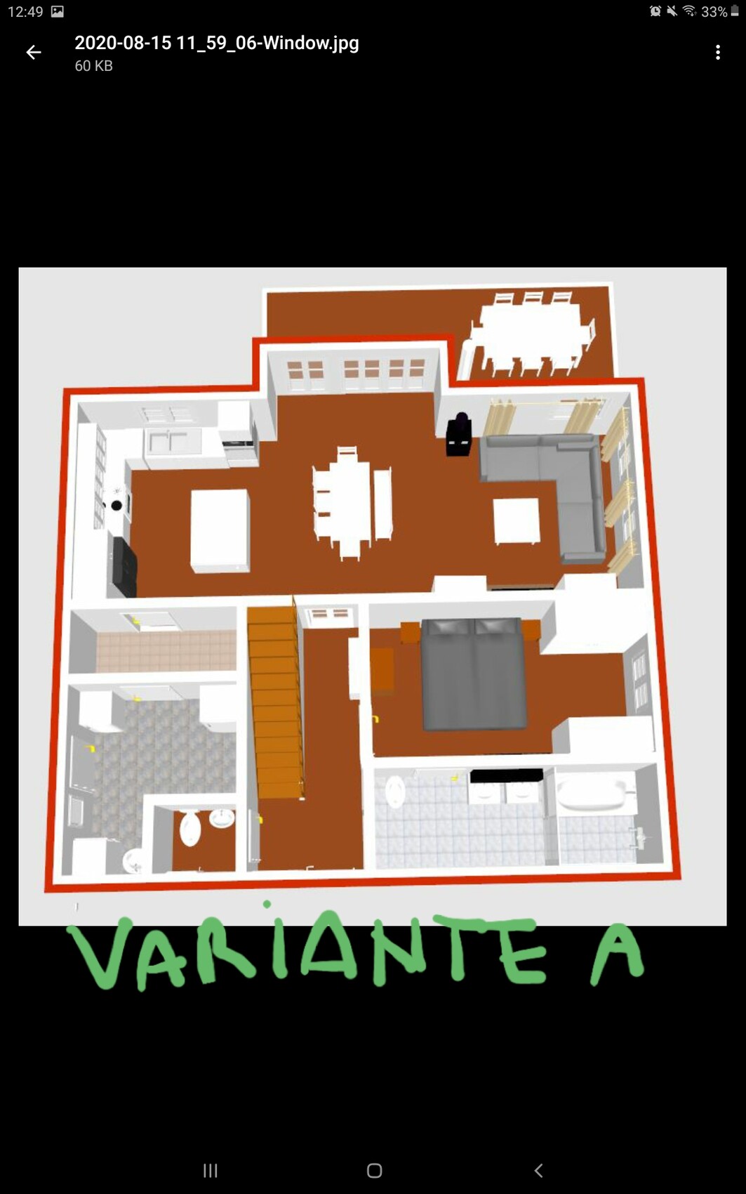 3D-Grundriss: Küche, Essbereich, Wohnzimmer, Schlafzimmer, Bad, Treppe, Variante A