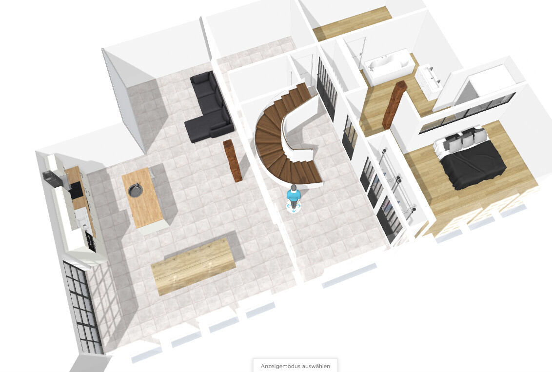 3D-Grundriss eines Hauses: Küche mit Insel, Wohnzimmer, spiralförmige Treppe, Flur, Schlafzimmer.