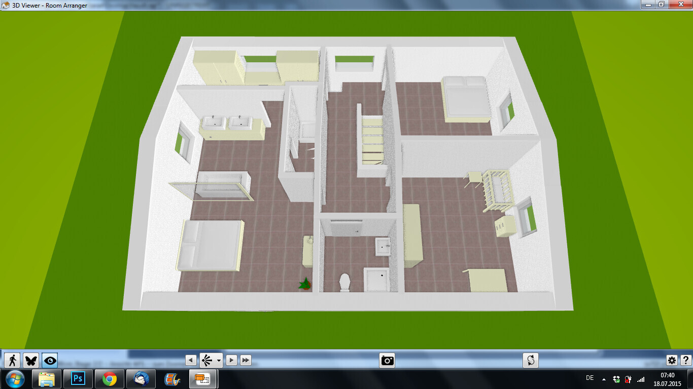 3D-Ansicht eines Hausgrundrisses mit Schlafzimmer, Bad, Flur und Treppe.