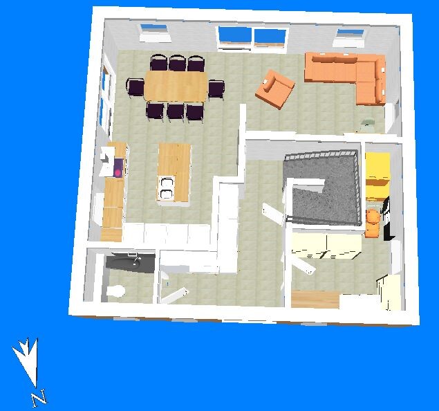 Top-Down-Grundriss einer Wohnung: Küche mit Insel, Esstisch, Wohnzimmer, Bad und Schlafzimmer.