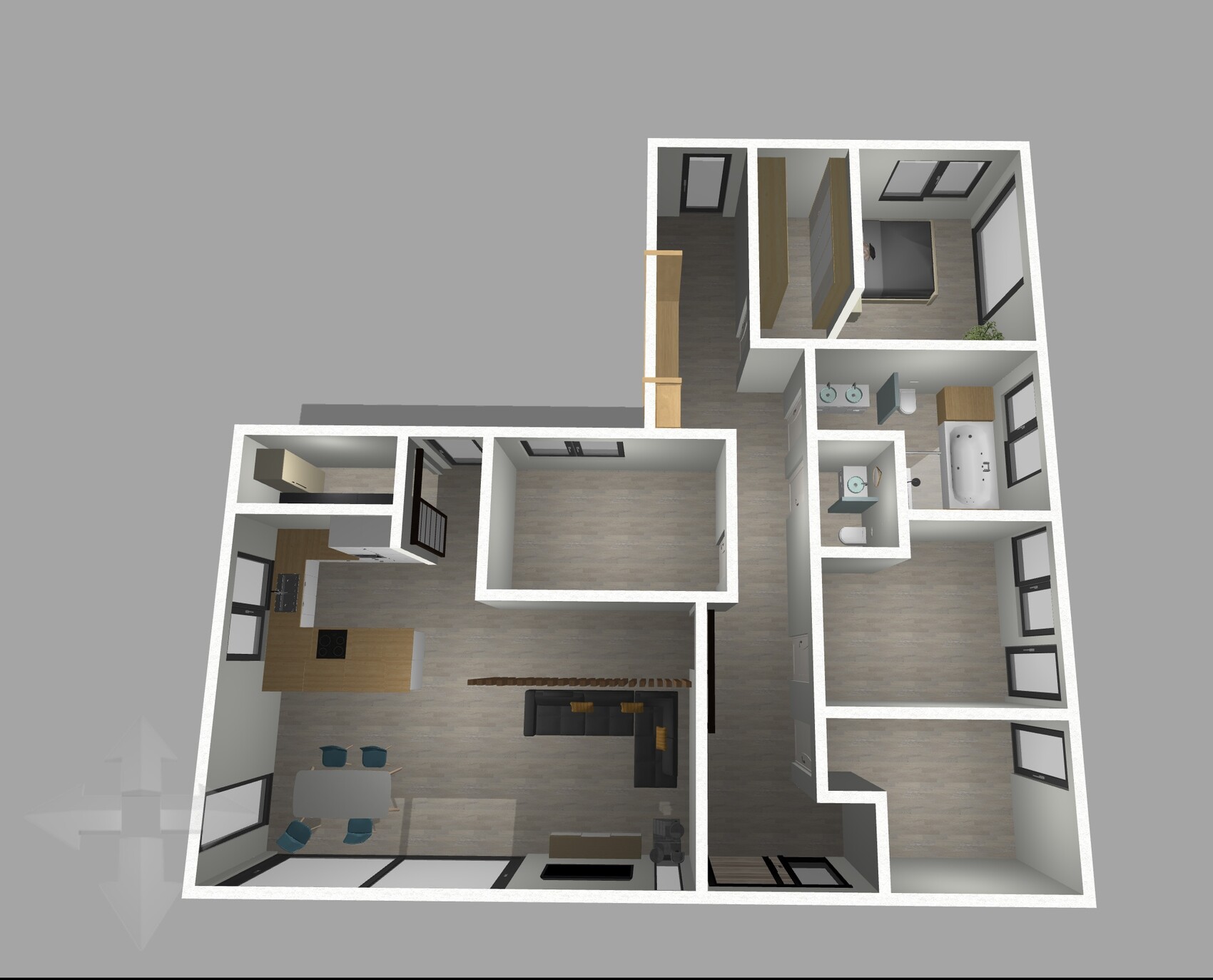 Grundriss eines modernen Hauses von oben mit Küche, Wohnen, Bad, Schlafzimmer.