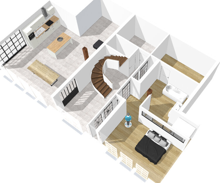 3D-Grundriss eines Hauses: Küche, Essbereich, spiralförmige Treppe, Schlafzimmer, Bad.